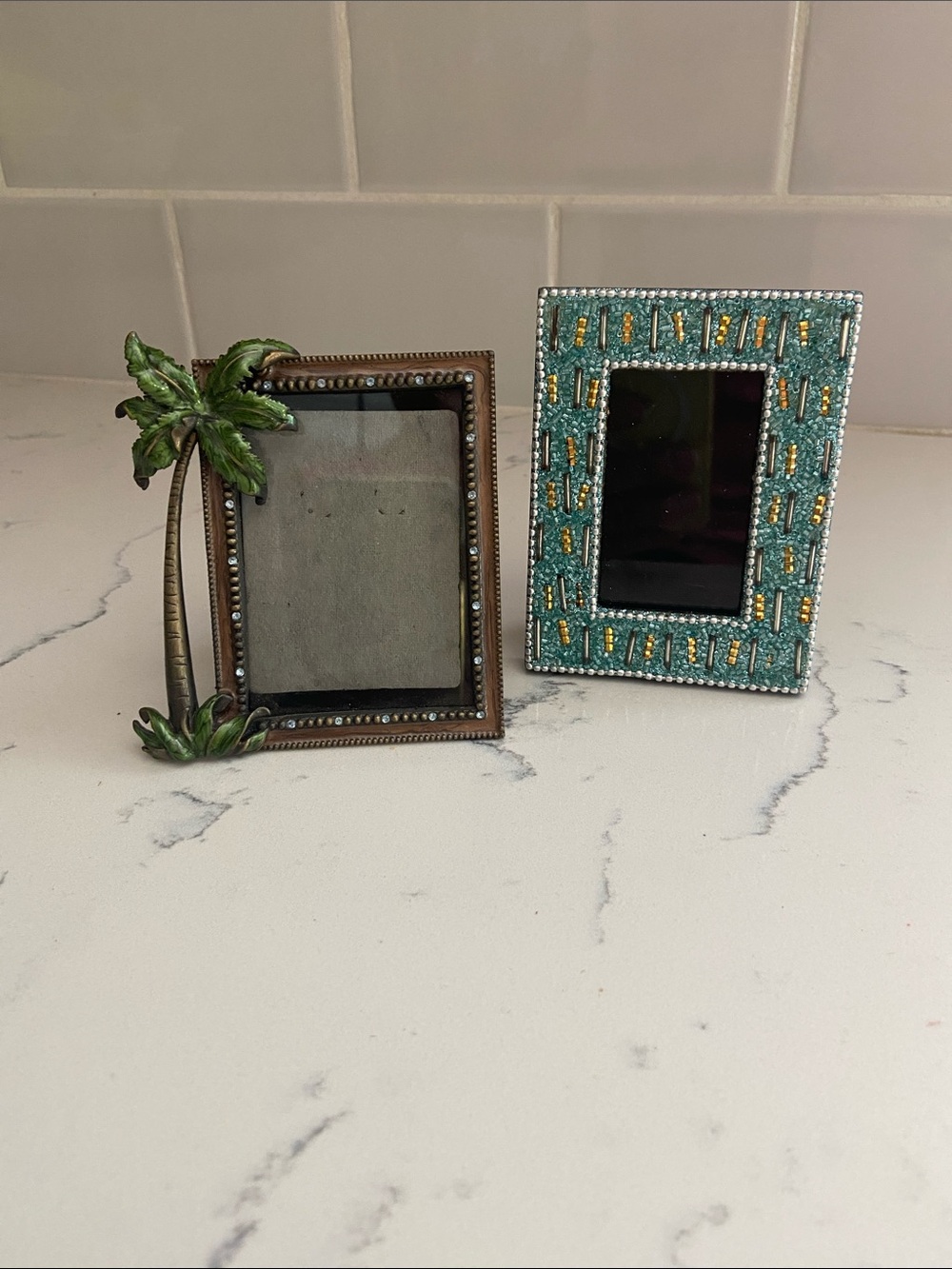 Vintage Decorative Picture Frame Lot Palm Tree Rhinestone & Bombay Beaded Frame